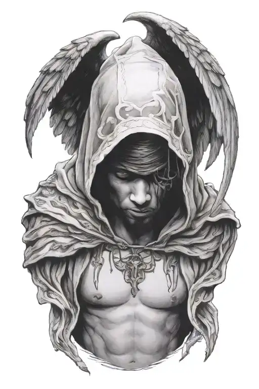 Man with dark face and hood on, floating. He has  angel wings and a shirt that says "SHERM." tattoo design idea