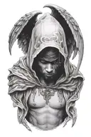 Man with dark face and hood on, floating. He has  angel wings and a shirt that says "SHERM." tattoo design idea