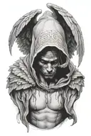 Man with dark face and hood on, floating. He has  angel wings and a shirt that says "SHERM." tattoo design idea