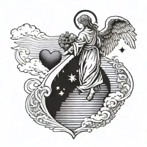 Angel holding a heart walking up stairs to heaven with a celestial background tattoo design idea