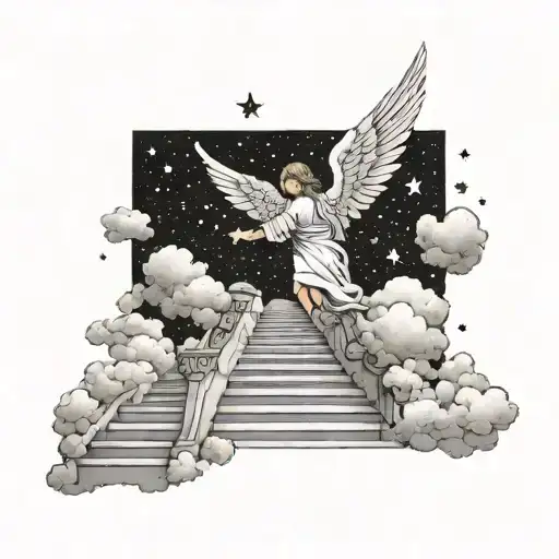Angel holding a heart walking up stairs to heaven surrounded by clouds and stars tattoo design idea