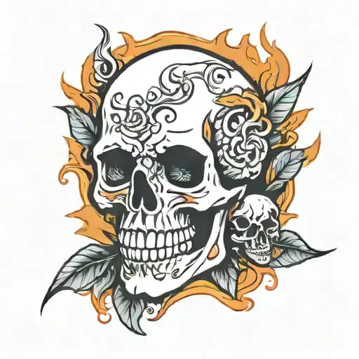 skull and flames left arm sleeve tattoo design idea