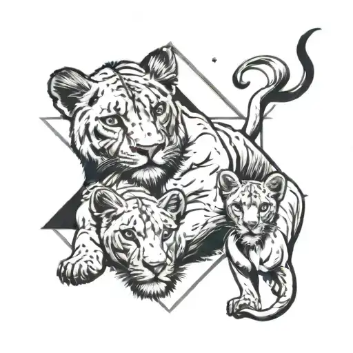 lioness, two cubs, Gemini and Sagittarius star signs above them tattoo design idea