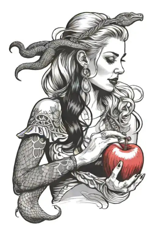 an innocent, blonde woman taking a bite of a red apple held by a mischievous dark haired woman with a snake around wrist tattoo design idea