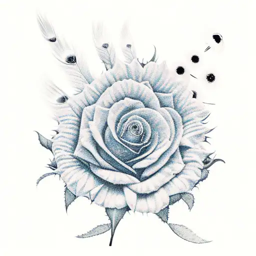 rose, sunflower, peacock feather, wren, butterfly tattoo design idea