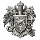 A tattoo design of a family crest with the names Max, Liam, and Cole incorporated into the design, in black-grey style tattoo design idea