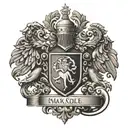 A tattoo design of a family crest with the names Max, Liam, and Cole incorporated into the design, in black-grey style tattoo design idea