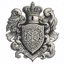 A tattoo design of a family crest with the names Max, Liam, and Cole incorporated into the design, in black-grey style tattoo design idea