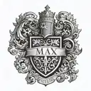 A tattoo design of a family crest with the names Max, Liam, and Cole incorporated into the design, in black-grey style tattoo design idea