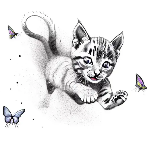 A playful kitten chasing a trail of colorful butterflies amidst a field of lavender tattoo design idea
