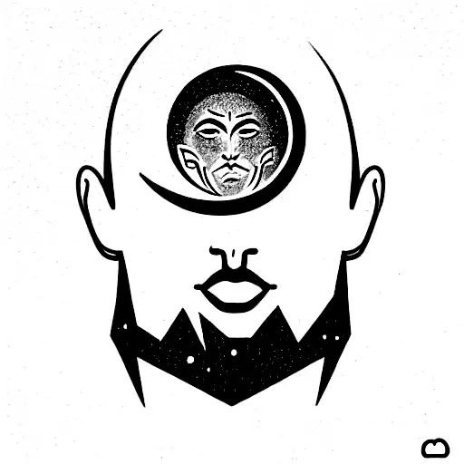 Markus Aurielus Face with light ink and moon cycle on top. On the bottom it should contain the word "quality of thought" tattoo design idea