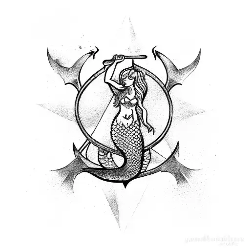 Mermaid on an anchor holding a trident tattoo design idea