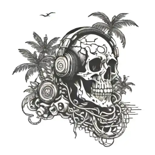 A tattoo design of a tropical island with a skull wearing headphones and surrounded by rock and metal music symbols, combining your favorite things in a unique and creative way tattoo design idea
