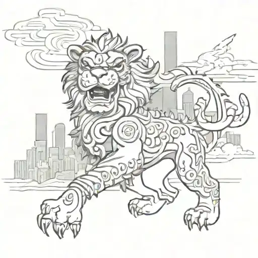 A lion dancing gracefully in a Chicago skyline background tattoo design idea