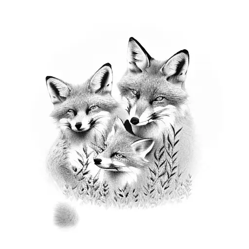 A family of foxes playing in a flower-filled meadow tattoo design idea