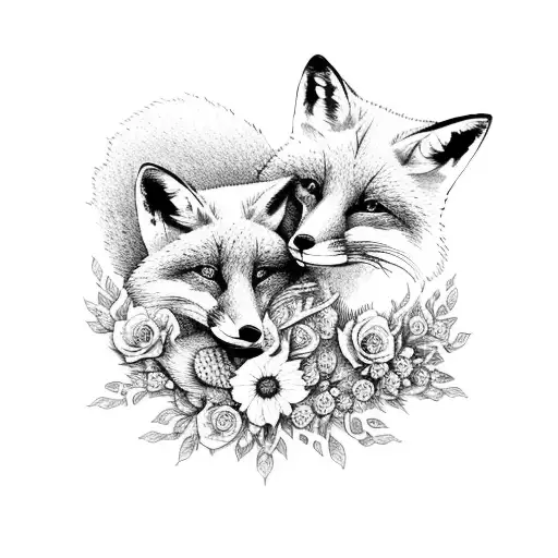 fox family with flowers tattoo design idea