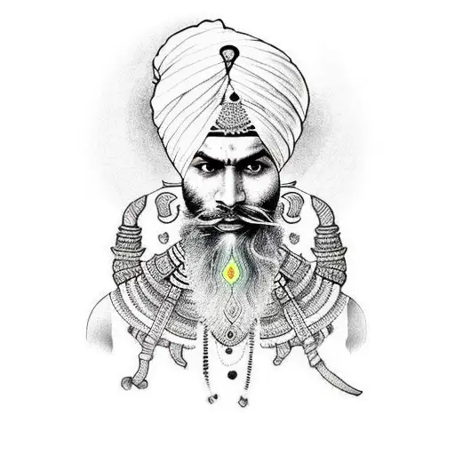 Sikh warrior with intricate dotwork details tattoo design idea