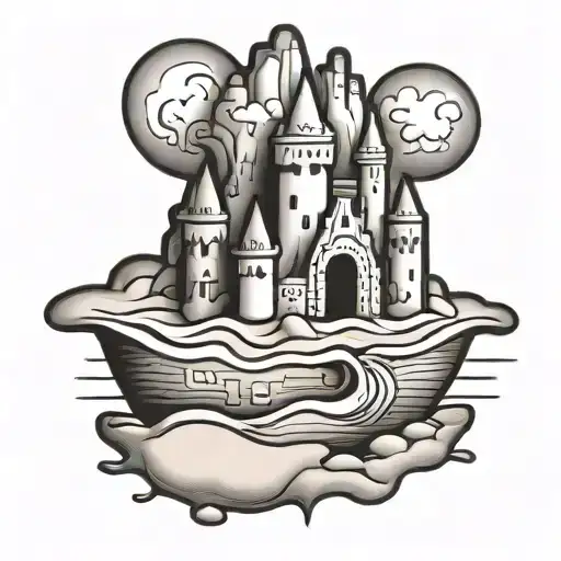 simple sandcastle being washed tattoo design idea