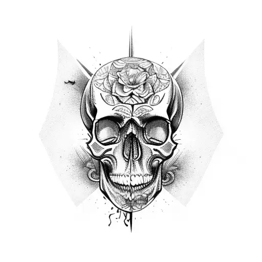 skull with licoris and ribbon with fraze "carpe diem, memente Mori" tattoo design idea