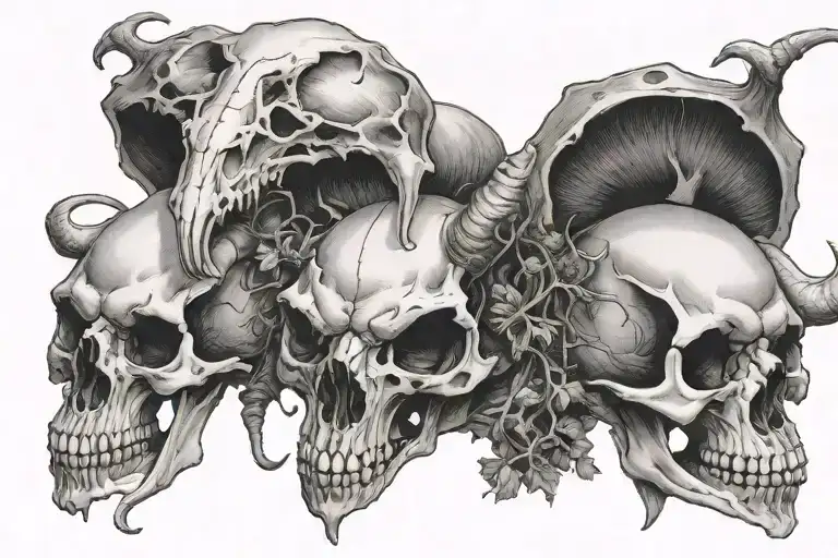 mushrooms growing out of a demon goat skull tattoo design idea