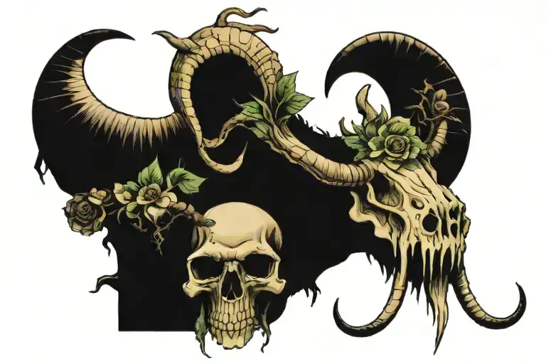 mushrooms growing on top of demon goat skull tattoo design idea