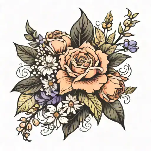 bouquet of birth month flowers, November November November November April February February February January  tattoo design idea