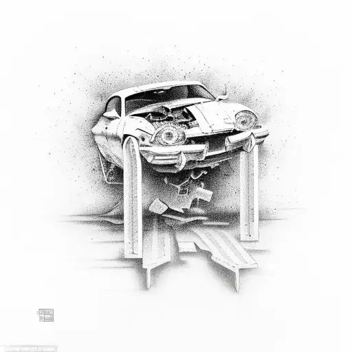 A bold and rebellious design of a car crashing through a wall tattoo design idea