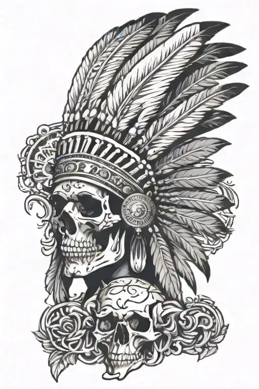 Indian cheif headress on skull tattoo design idea