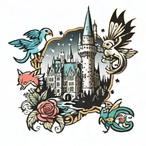 A traditional style tattoo of a Hogwarts castle with Pokemon trainers exploring the grounds and encountering magical creatures from Alice in Wonderland tattoo design idea