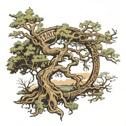 Arm sleeve:  live oak tree with Spanish moss as the background with the names “Jenna, Rory, Raelynn, and Remy” integrate tattoo design idea