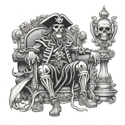 skelton pirate king sitting in throne tattoo design idea