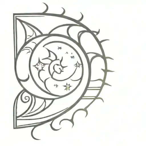 A minimalist design of a crescent moon and a sun merging together, symbolizing unity and harmony between opposites tattoo design idea