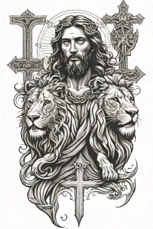 Jesus cross and lion tattoo design idea