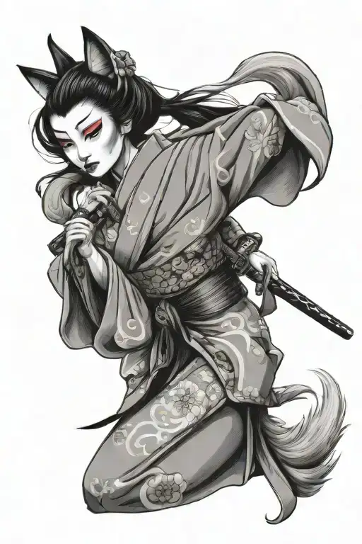 geisha hugging a katana wearing a kitsune mask tattoo design idea