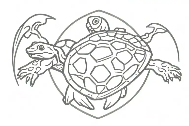 Shield plus symbol toad equal symbol turtle swimming tattoo design idea
