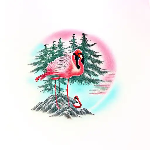 half palm had evergreen tree with flamingos and cardinals tattoo design idea