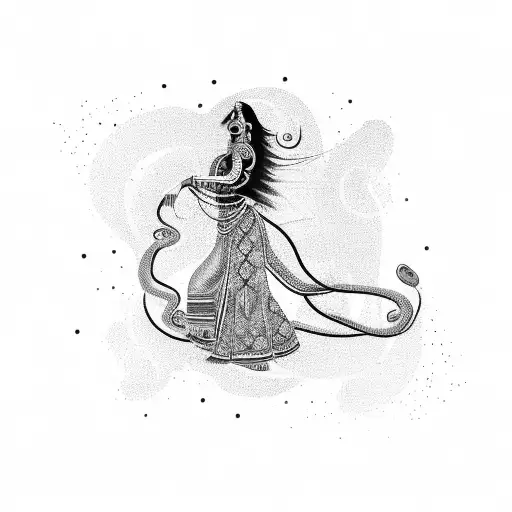 An abstract design of an Indian woman dancing to the rhythm of a guitar, with a snake slithering in the background tattoo design idea
