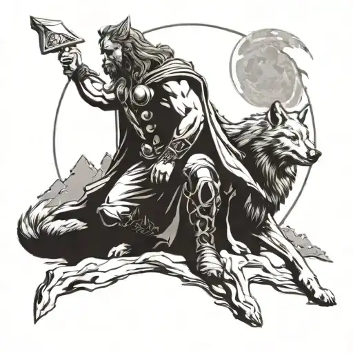 thor, rabe, wolf howling at the moon tattoo design idea