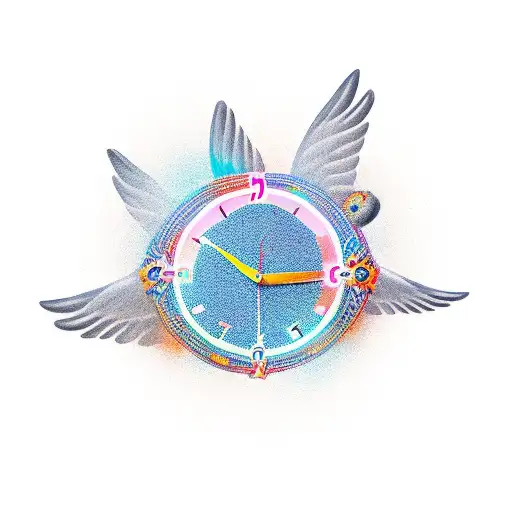 A clock with wings symbolizing 'Time flies' and a vibrant background in new-school style tattoo design idea