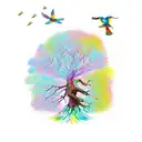 A tree with roots representing 'Remember where you came from' and colorful birds flying away symbolizing 'Remember your past days' tattoo design idea