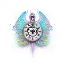 A clock with wings symbolizing 'Time flies' and a vibrant background in new-school style tattoo design idea