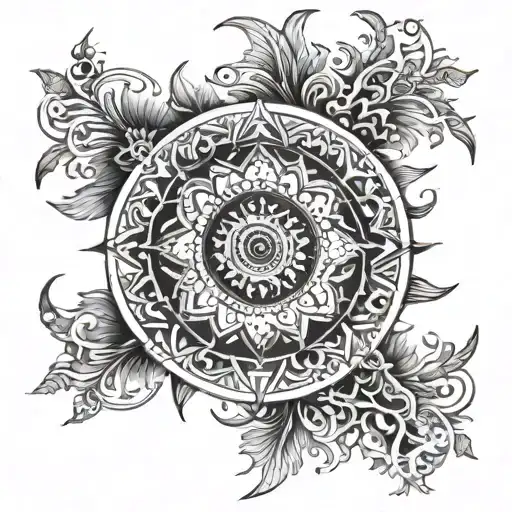 A mandala design incorporating elements of the sun, symbolizing strength and enlightenment tattoo design idea