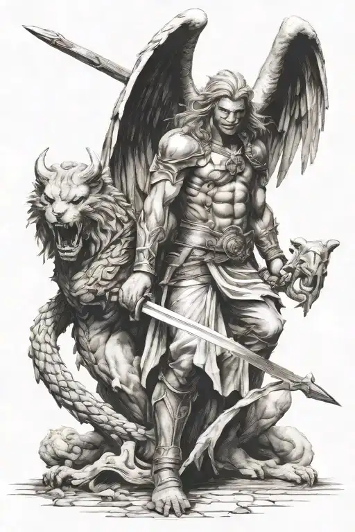 arch angel with sword fighting demon slayer tattoo design idea