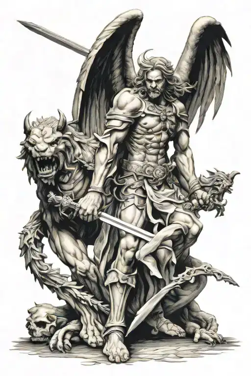 arch angel with sword fighting demon tattoo design idea
