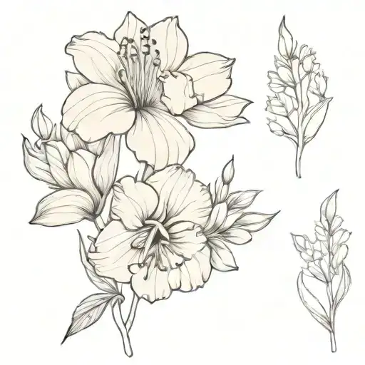 flower bouquet with carnation, gladiolus, delphinium, and marigold tattoo design idea