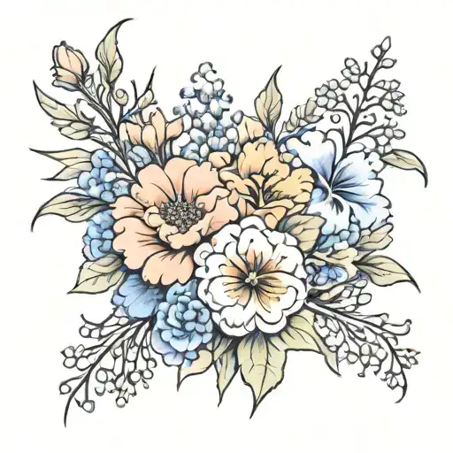 fine line flower bouquet with carnation, gladiolus, marigold, delphinium tattoo design idea