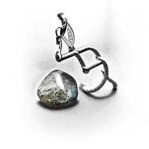 A close-up of a slingshot with a stone about to hit Goliath's forehead, capturing the tension and anticipation tattoo design idea