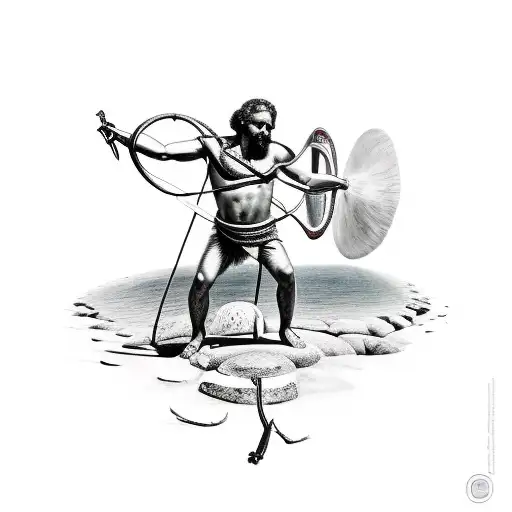 A surreal representation of David and Goliath's battle, with the slingshot and Goliath's head merging into a single striking image tattoo design idea