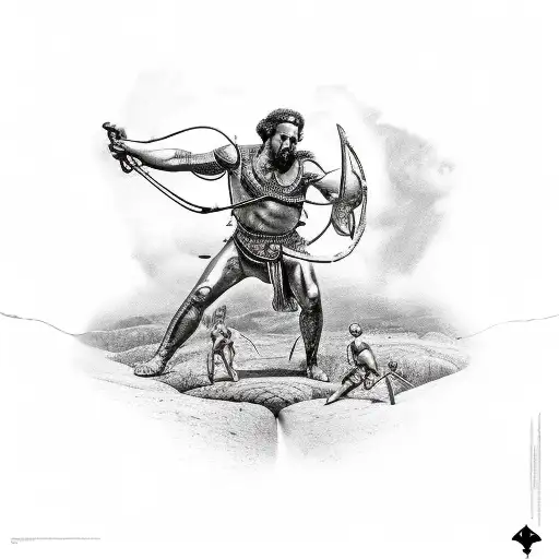 A surreal representation of David and Goliath's battle, with the slingshot and Goliath's head merging into a single striking image tattoo design idea