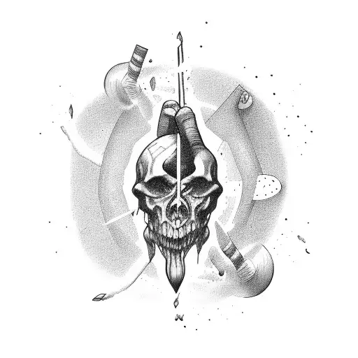 A hand holding a slingshot with a severed giant's head in the background tattoo design idea